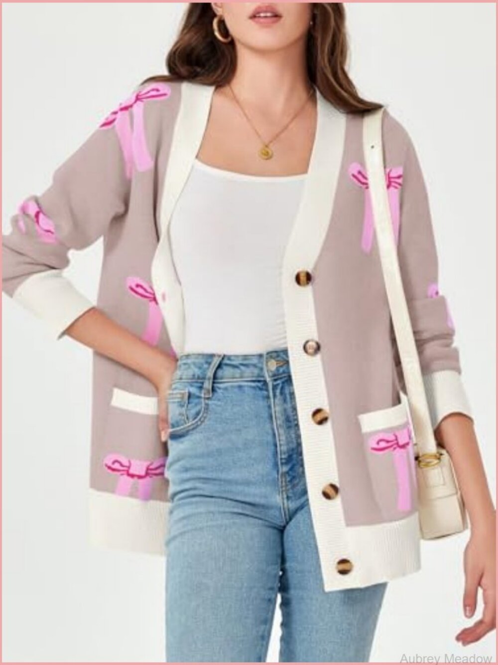 Oversized Bow Printed V Neck Long Sleeve Cardigan Sweater - Picture 4 of 7